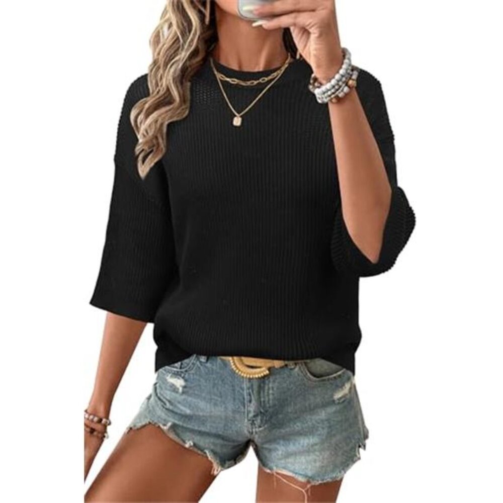 Womens 100% Cotton 3/4 Length Sleeve Sweater Crochet Tops Shirts
